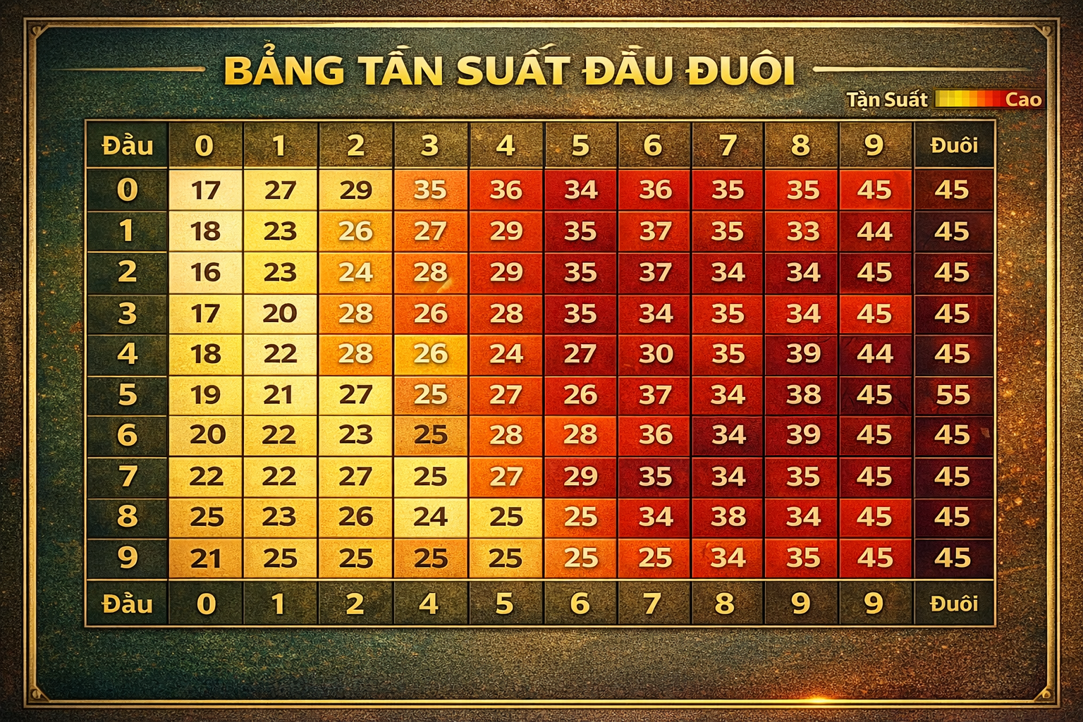 Bảng heat map thể hiện tần suất đầu đuôi theo màu sắc