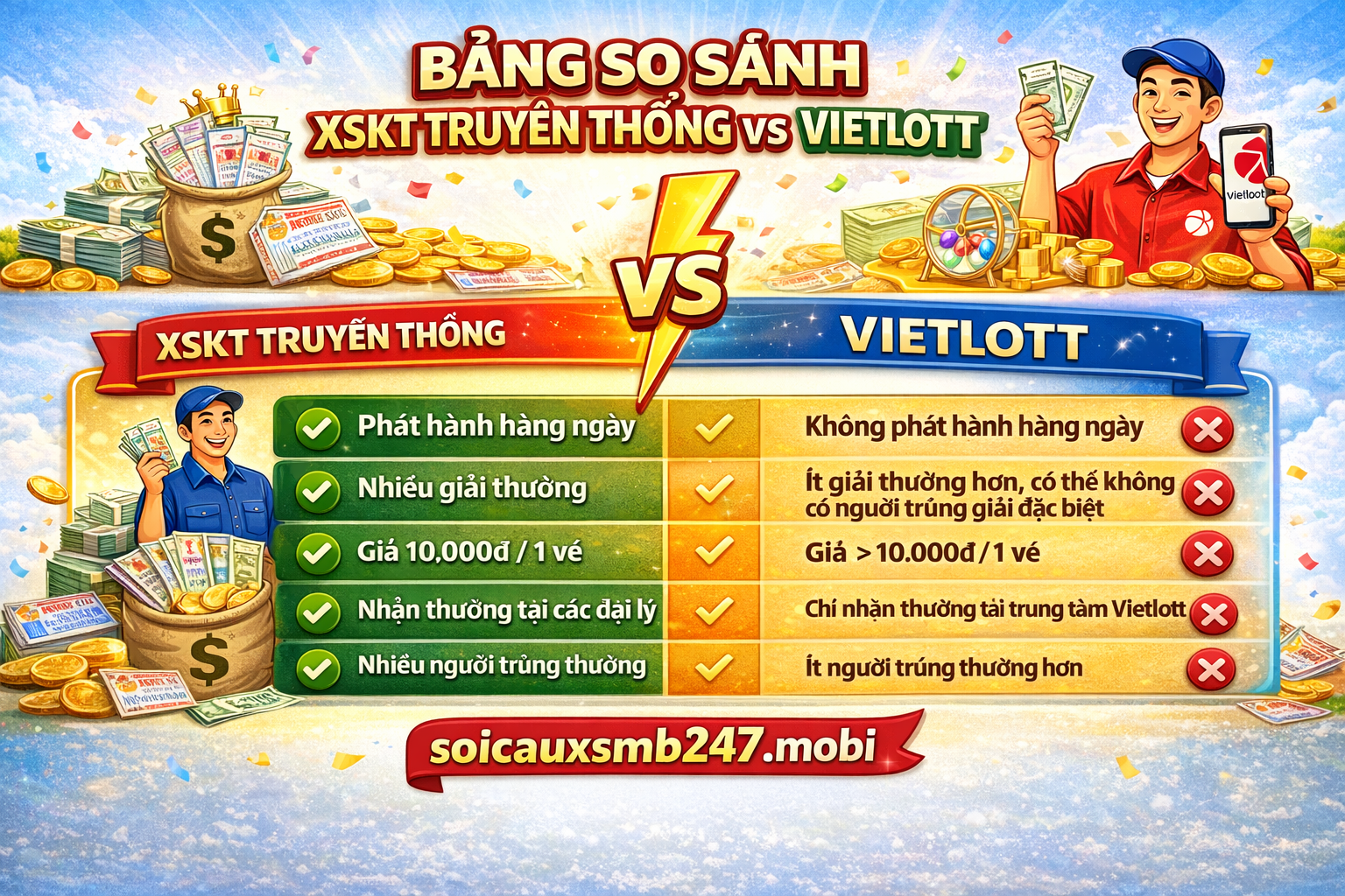 So sánh trực quan Xổ Số Kiến Thiết truyền thống vs Vietlott