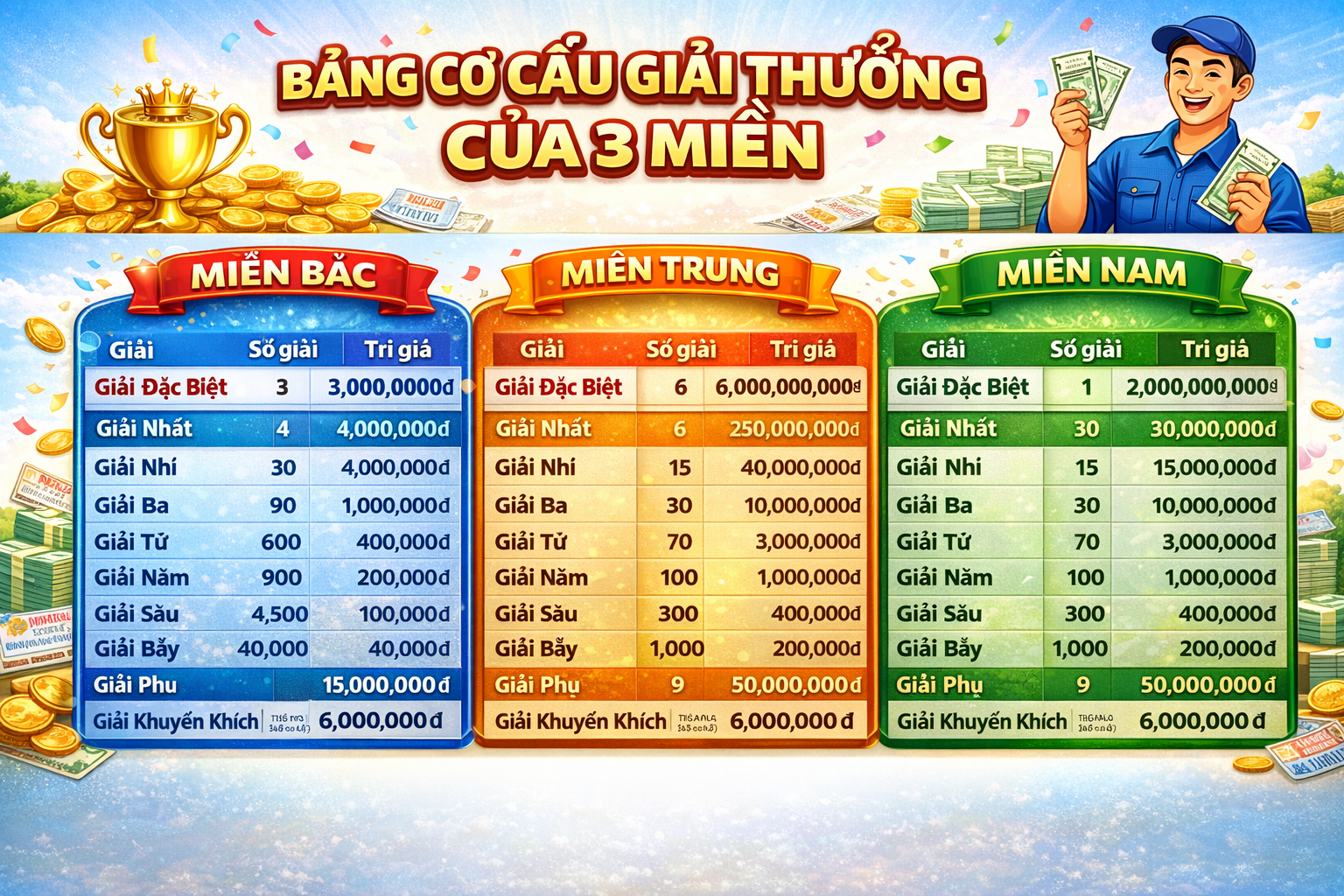 Cơ cấu giải thưởng xổ số kiến thiết 3 miền hiện nay