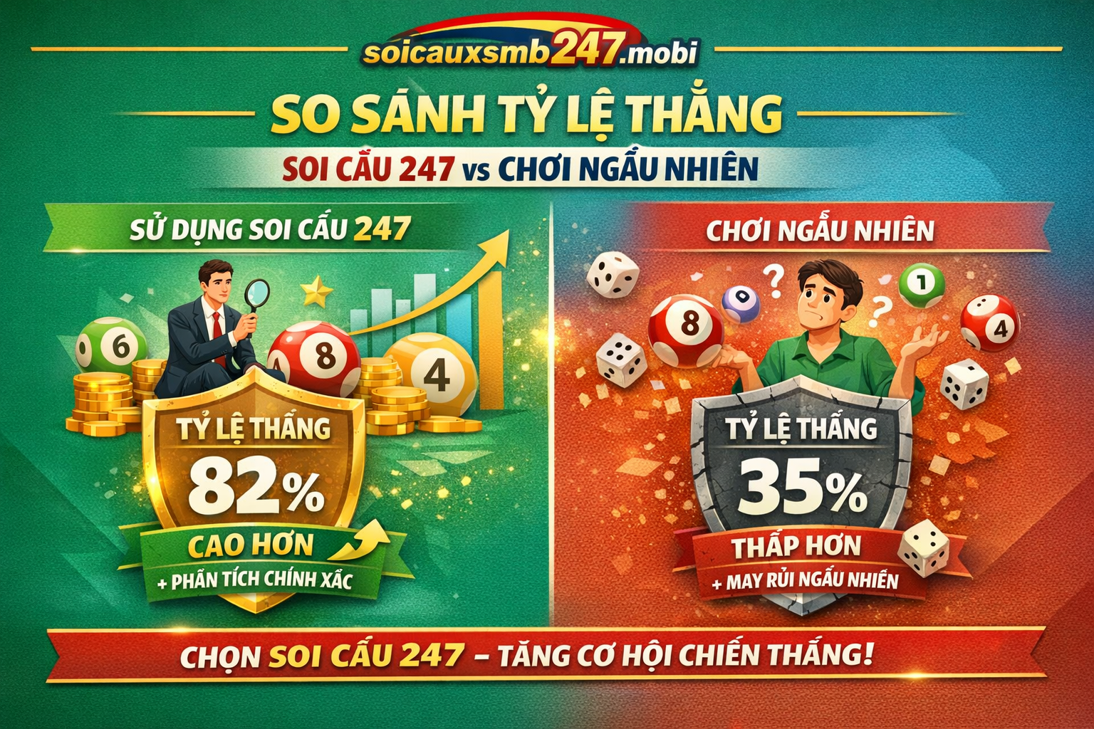 Infographic so sánh tỷ lệ thắng của người chơi sử dụng soi cầu 247 vs chơi ngẫu nhiên
